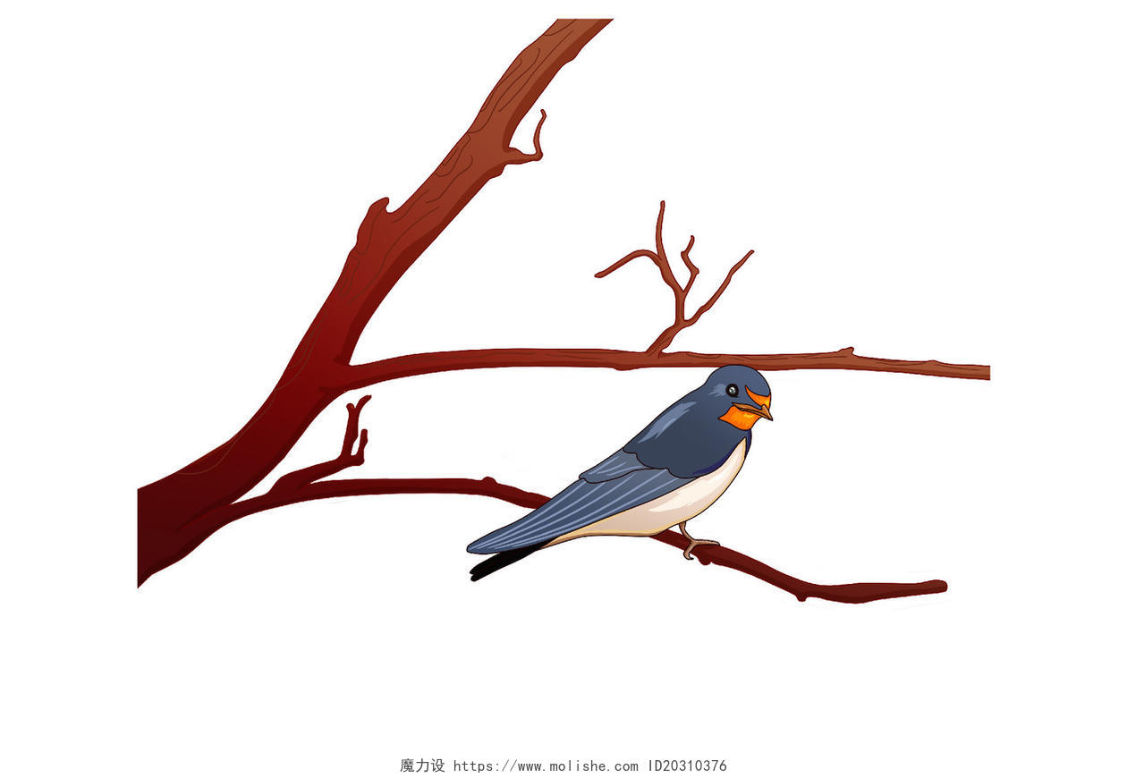 世界动物日春天手绘卡通立树枝燕子素材